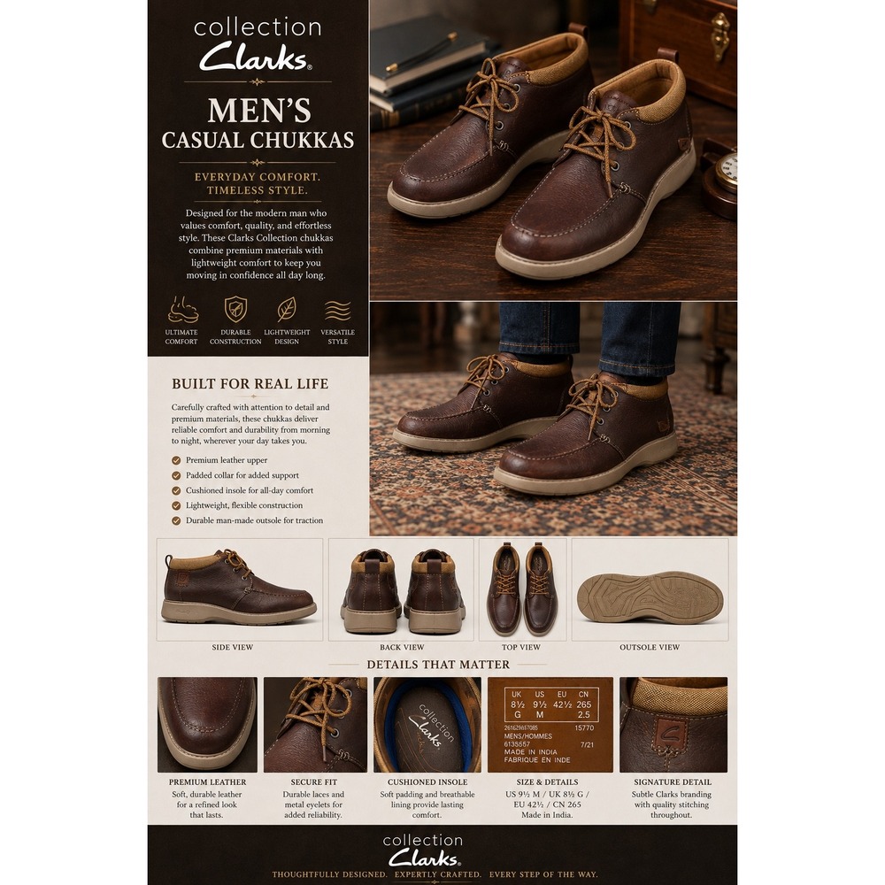 Clarks Collection Extreme Comfort Brown Leather Chukka Boots Mens 9.5